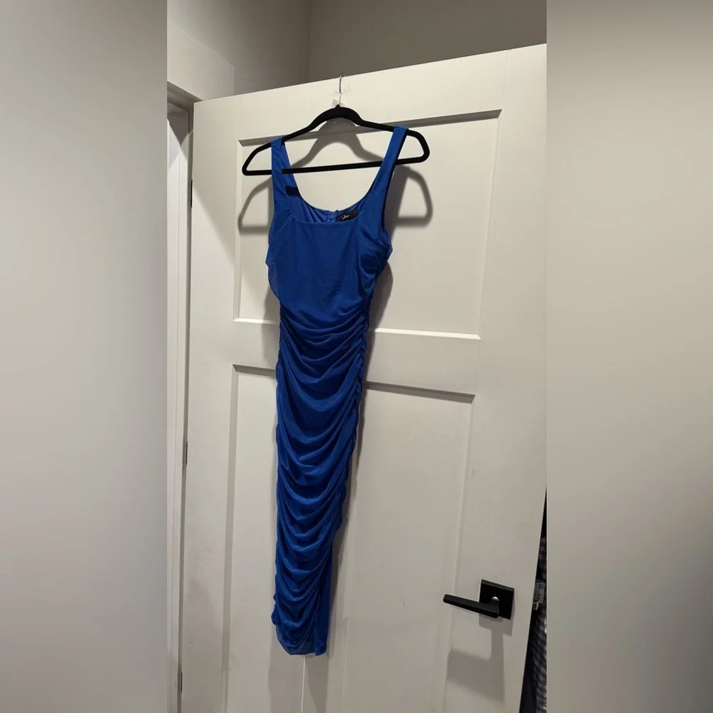 EUC Lulu's VIP Treatment Royal Blue Mesh Ruched Bodycon Midi Dress - Picture 10 of 10